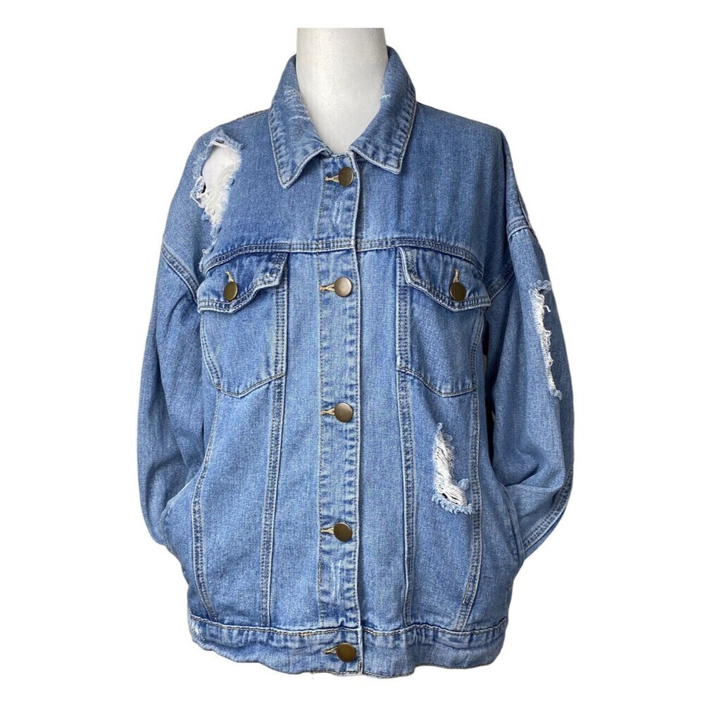 Forever 21 Denim Jacket Womens Medium Blue Distressed Oversized Pockets Casual